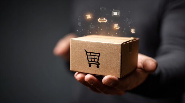 Person holding box with floating delivery icons, online shopping and retail concept