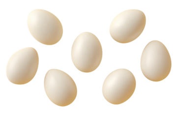 Seven pale beige eggs arranged in a loose cluster.  Each egg is oval-shaped, smooth, and slightly glossy,  with a subtle variation in shade.  Dark background