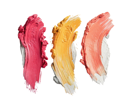 Three swirled swatches of cosmetic product, in vibrant shades of red, orange, and peach.  A close-up view, isolated against a black background