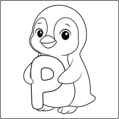 Letter P with Penguin Educational sketch Coloring Page for Kids