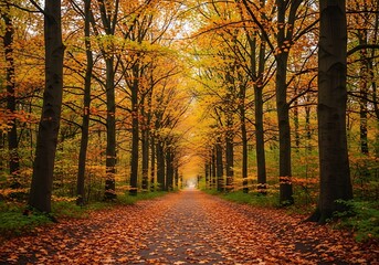 Obraz premium A pathway through a golden autumn forest, lined with vibrant trees and scattered fallen leaves, leading the eye deep into the woods.