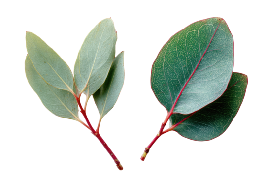 Close-up of two eucalyptus leaf sprigs, light and dark green tones