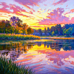 Fototapeta premium Colorful sunset reflecting on calm river surrounded by trees 