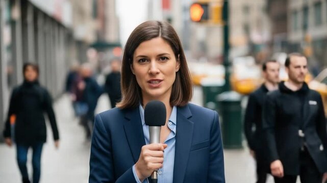 Female reporter delivering news on a city street using a microphone for broadcast journalism and news reporting for media outlets