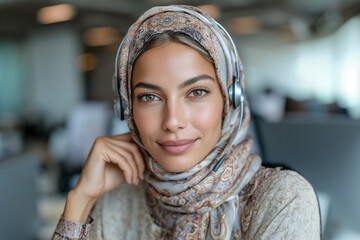 Confident young woman wearing patterned hijab and headset smiling while working in modern office environment, representing customer support, communication, diversity, and professionalism