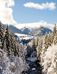 Snowy mountain valley