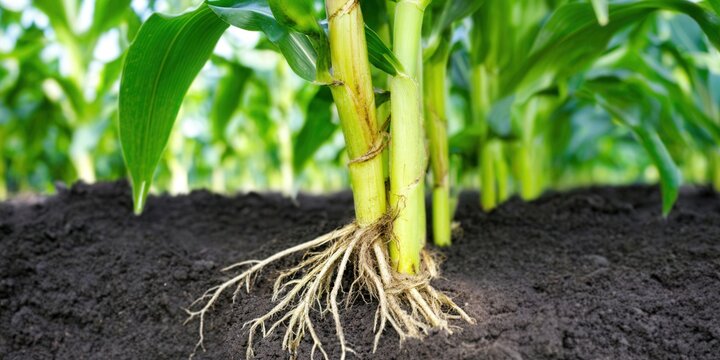 Detailed view of corn plant roots emerging from soil in a healthy field, illustrating agriculture.