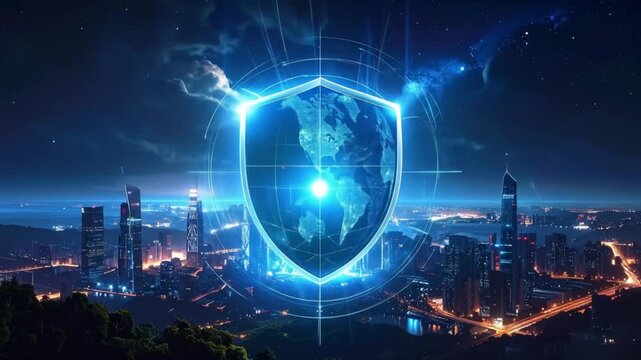 Global digital shield protecting metropolitan skylines, glowing sphere concept visualization