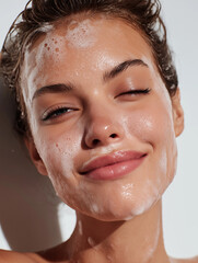 Close-up of a girl’s face, a girl after washing her face with clear, beautiful skin.