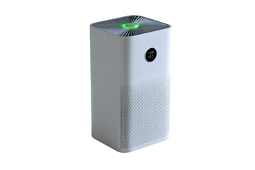 A white air purifier, square and tall, features a light-green indicator on its top.  The purifier's front panel is textured with a series of vertical lines