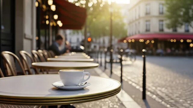 Paris cafe cappuccino on table with street view and warm sunlight glow