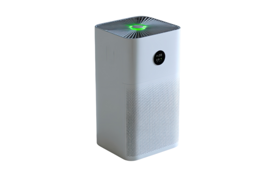 A white air purifier, square and tall, features a light-green indicator on its top.  The purifier's front panel is textured with a series of vertical lines