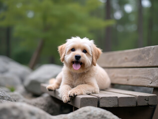 Small fluffy white dog with brown ears sitting on wooden bench in natural outdoor setting with rocks and trees.