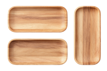 Three rectangular wooden trays, light brown hue, smooth surface,  with rounded edges