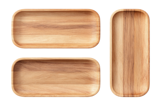 Three rectangular wooden trays, light brown hue, smooth surface,  with rounded edges