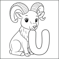 Letter U with Urial Educational sketch Coloring Page for Kids