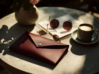An elegant burgundy leather clutch sits on an outdoor table alongside sunglasses and coffee cups.