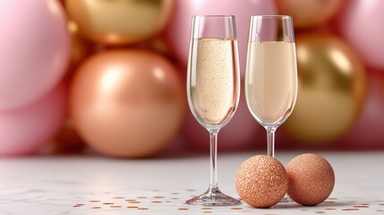 Rose gold balloon cluster with champagne flutes