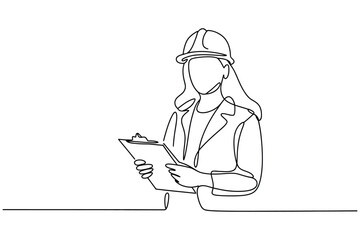 A Single Line Drawing of a Person in a Hard Hat and Vest Holding a Clipboard, Depicting an Engineer or Architect at a Construction Site.