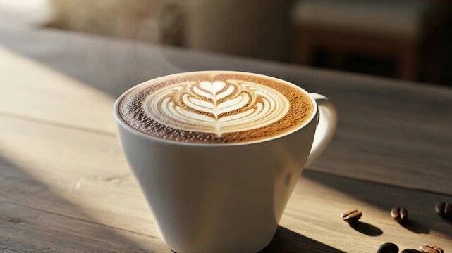 Steaming latte art in a white mug on a wooden table with coffee beans