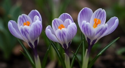 Obraz premium Three Purple Crocus Flowers in Spring.