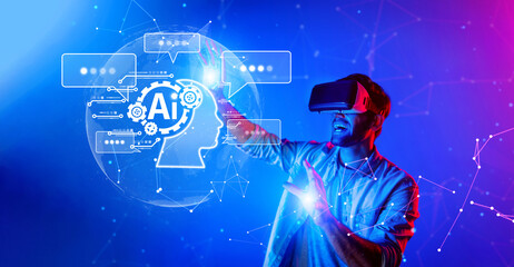A person wearing a virtual reality headset interacts with an AI chatbot in a vibrant futuristic environment, showcasing the potential of technology in personal assistance and automation. XDMCP