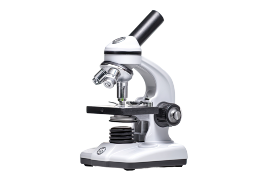 White,  simple microscope, angled view.  Features black accents,  a  monocular head,  and  a  stage with  a  central knob