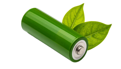 Green battery symbolizing renewable energy with transparent background