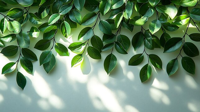 Lush Green Tea Branches Cascading Down Sunlight and Shadows on a Pale Background leaves