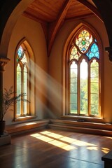 Obraz premium Serene meditation space; sunlight streams through stained glass windows in a spiritual retreat center, illuminating peaceful architecture , peaceful, spirituality