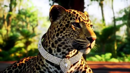 leopard with diamond-studded collar resting