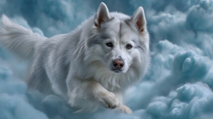 Obraz premium White shepherd dog sprinting through clouds