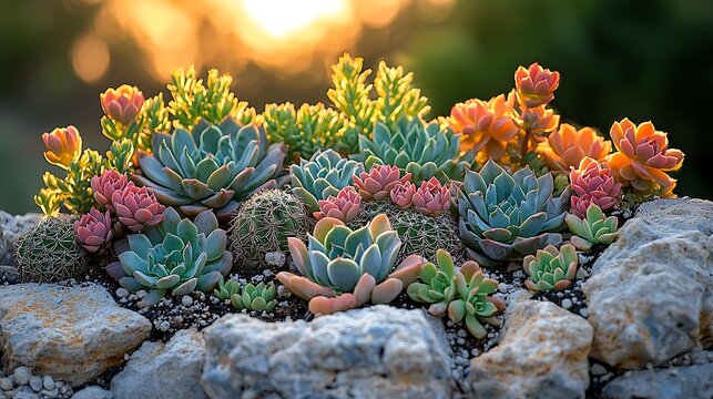 Lush succulent display pink and blue Echeveria and small cacti on rocks cactus garden - Powered by Adobe
