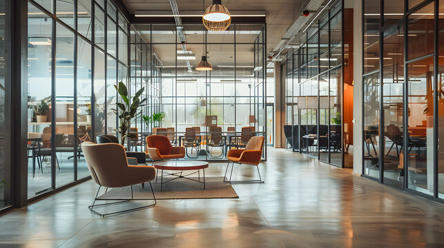 modern open space office interior with stylish furniture, glass walls, creative workspace vibe, warm natural light, cinematic wide shot, 16:9