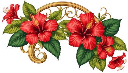Red Hibiscus Flowers in Gold Frame.