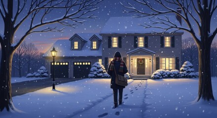 A person walks up a snowy driveway to a warmly lit house on a winter evening
