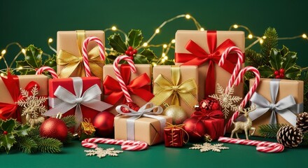 Festive Christmas Presents Wrapped With Ribbons And Candy Canes