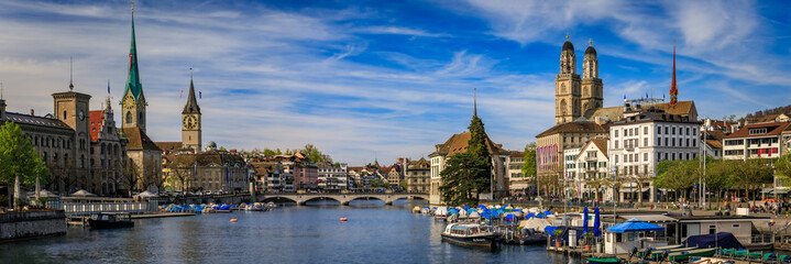 Cityscape of Zurich, Switzerland, at dus over the Limmat River in Altstadt
