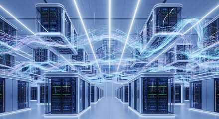 A server room with rows of data storage units and bright network lines connecting the servers together ai generated
