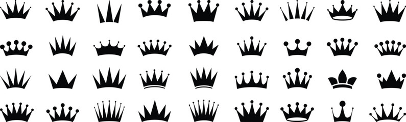 Crown icons, black silhouette, royalty symbols, vector illustration, regal design, tiara shapes, noble emblem, graphic element, king queen motif