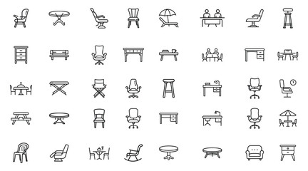 "Modern Furniture Icons Set – Chairs, Tables, Desks & Sofas Vector Pack"