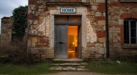 Rustic Stone Building Entrance Doorway With Warm Interior Light Invitingly Open