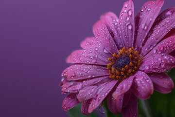 A single purple flower adorned with morning dew, contrasted against a deep, dark background.