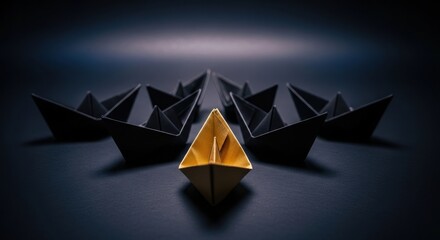 Golden Paper Boat Leads Many Black Paper Boats in a Leadership Concept