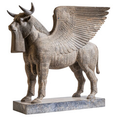 Fototapeta premium Ancient Winged Bull Statue: A stoic and imposing, ancient winged bull sculpture, showcasing intricate carvings and weathered texture. This artwork reflects a rich historical and cultural background.