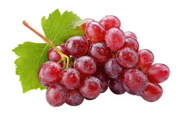 Fototapeta premium Close-up of a bunch of red grapes. Fresh, juicy grapes with vibrant red-purple color and visible water droplets. Green leaves attached to the stem. Isolated against a black background