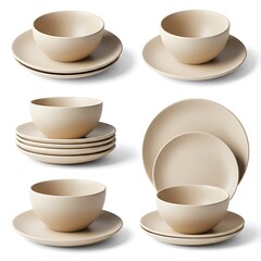 set of beige color ceramic or porcelain shallow plates or bowls isolated white background, mock-up template of dishware in different angles | High-Quality Stock Image