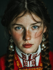An image of a young woman with blue eyes and red lips, dressed in a traditional national costume, wearing large earrings.