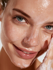 A beautiful young woman with blue eyes and a bright smile washes her face in a close-up shot, perfect for skincare and cosmetics advertising.