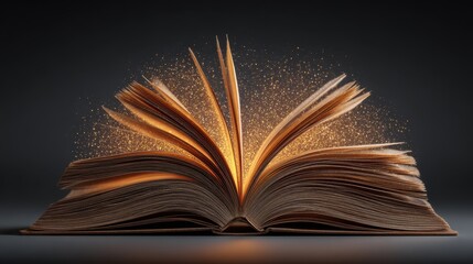 Open antique book with gold glitter emitting from the pages on a dark background, illuminating knowledge and learning in a mystical way